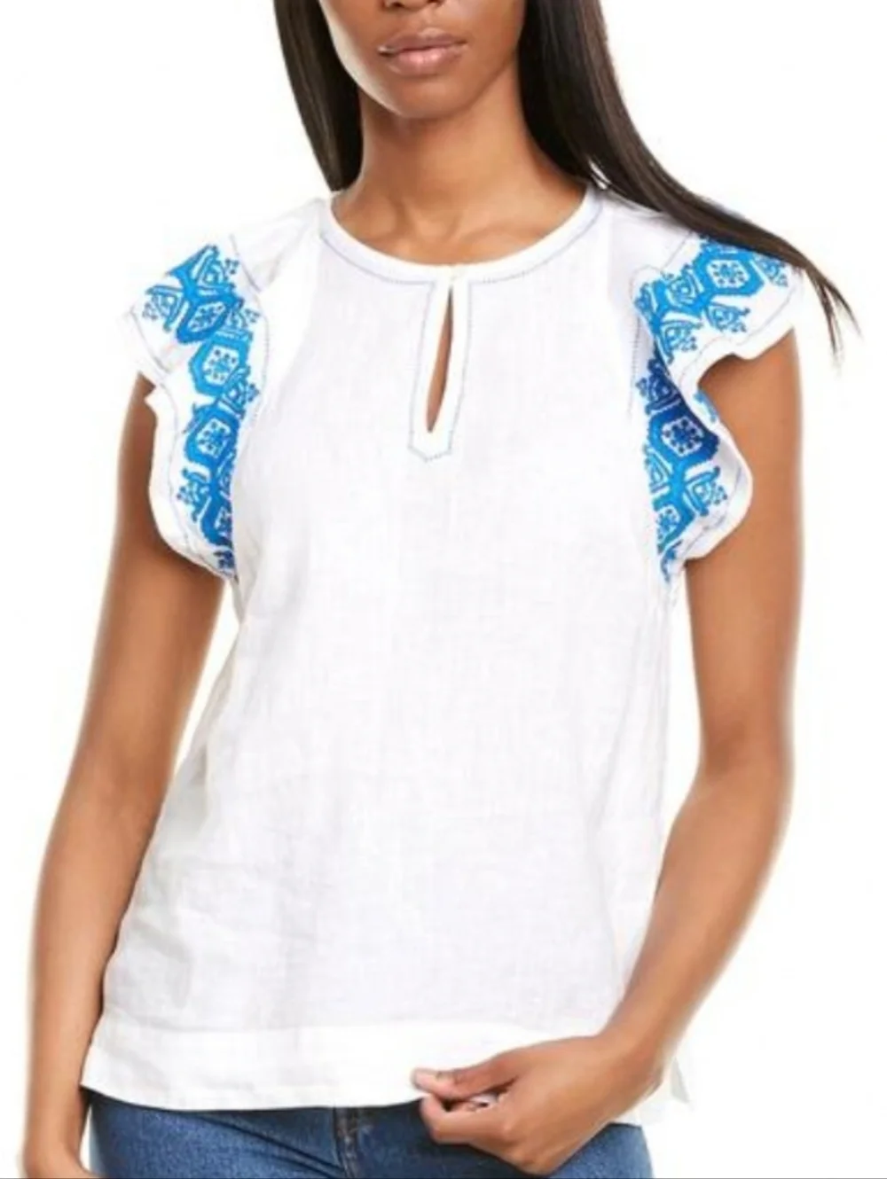 NWT J. Crew Linen Embroidered Flutter Sleeve Blouse Top